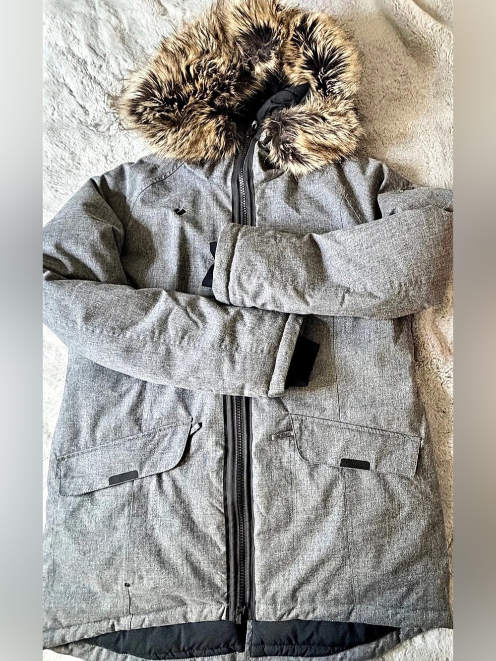 Obermeyer Tuscany II Ski Parka Jacket Grey Heather Faux Fur Hood Size 12 11052